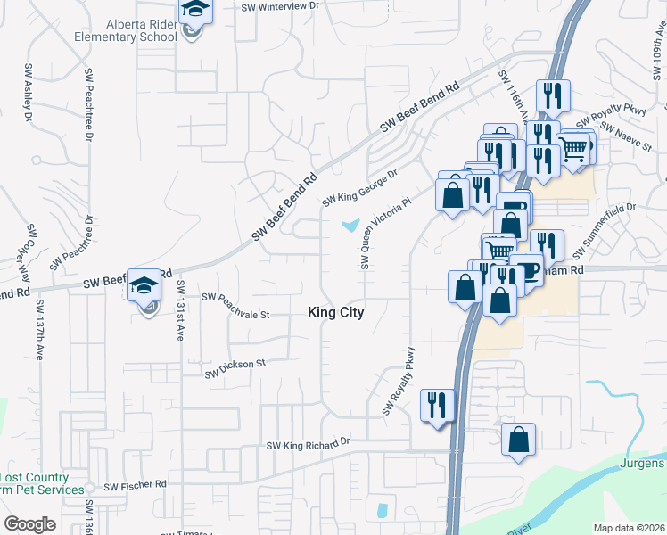 map of restaurants, bars, coffee shops, grocery stores, and more near 12432 Southwest King George Drive in King City