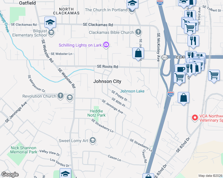 map of restaurants, bars, coffee shops, grocery stores, and more near 16660 Southeast 80th Avenue in Portland