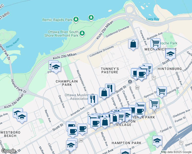 map of restaurants, bars, coffee shops, grocery stores, and more near Sir Frederick Banting Driveway in Ottawa