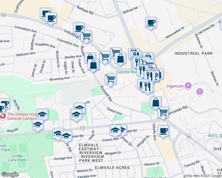 map of restaurants, bars, coffee shops, grocery stores, and more near 285 Everest Private in Ottawa