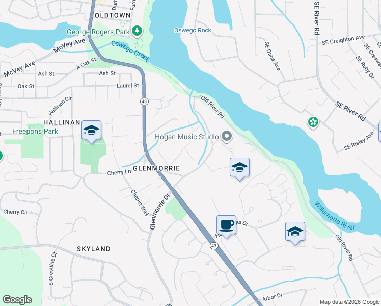 map of restaurants, bars, coffee shops, grocery stores, and more near 2195 Glenmorrie Lane in Lake Oswego