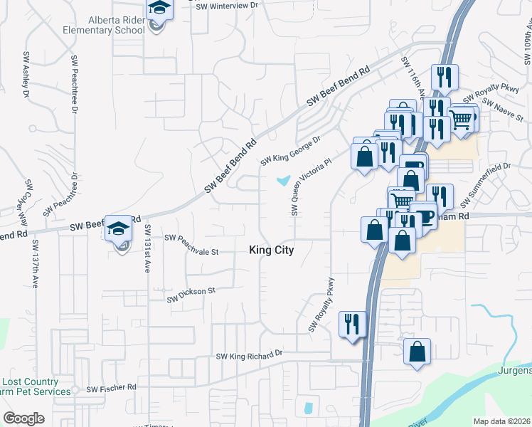 map of restaurants, bars, coffee shops, grocery stores, and more near 12430 Southwest King George Drive in King City