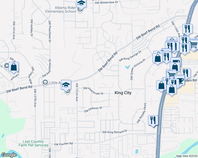 map of restaurants, bars, coffee shops, grocery stores, and more near 12720 Southwest Prince Albert Street in King City