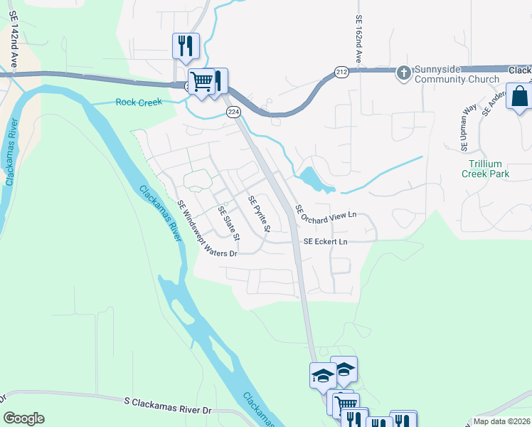 map of restaurants, bars, coffee shops, grocery stores, and more near 16360 Southeast Pyrite Street in Damascus