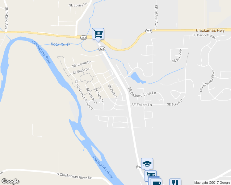 map of restaurants, bars, coffee shops, grocery stores, and more near 16360 Southeast Pyrite Street in Damascus