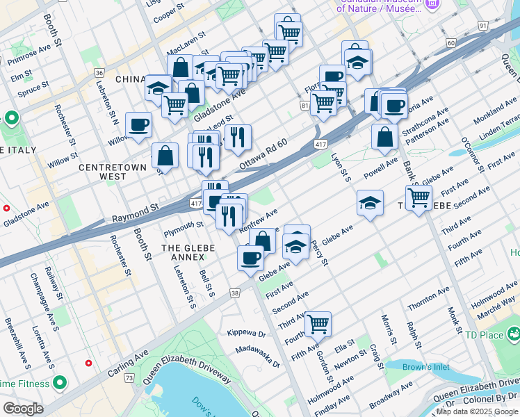 map of restaurants, bars, coffee shops, grocery stores, and more near 107 Renfrew Avenue in Ottawa