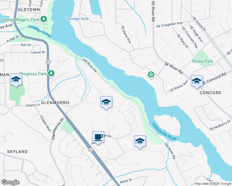 map of restaurants, bars, coffee shops, grocery stores, and more near 17147 Old River Road in Lake Oswego
