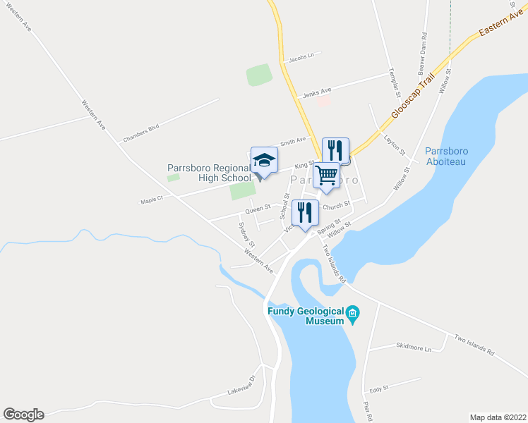 map of restaurants, bars, coffee shops, grocery stores, and more near 121 Queen Street in Parrsboro