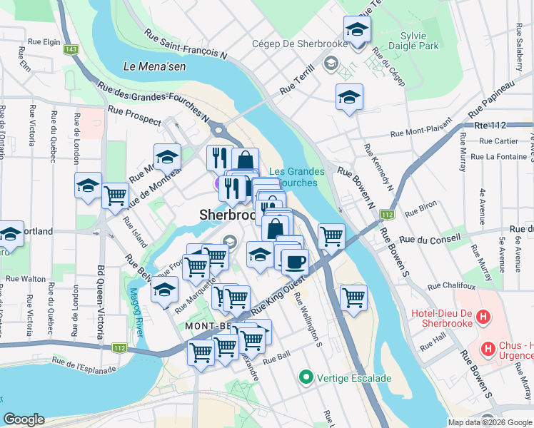 map of restaurants, bars, coffee shops, grocery stores, and more near 182 Rue Wellington Nord in Sherbrooke