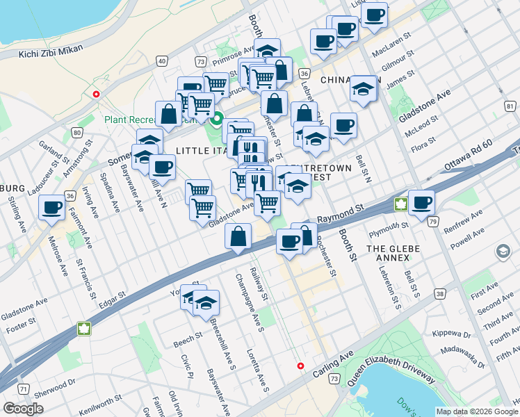 map of restaurants, bars, coffee shops, grocery stores, and more near 266 Preston Street in Ottawa
