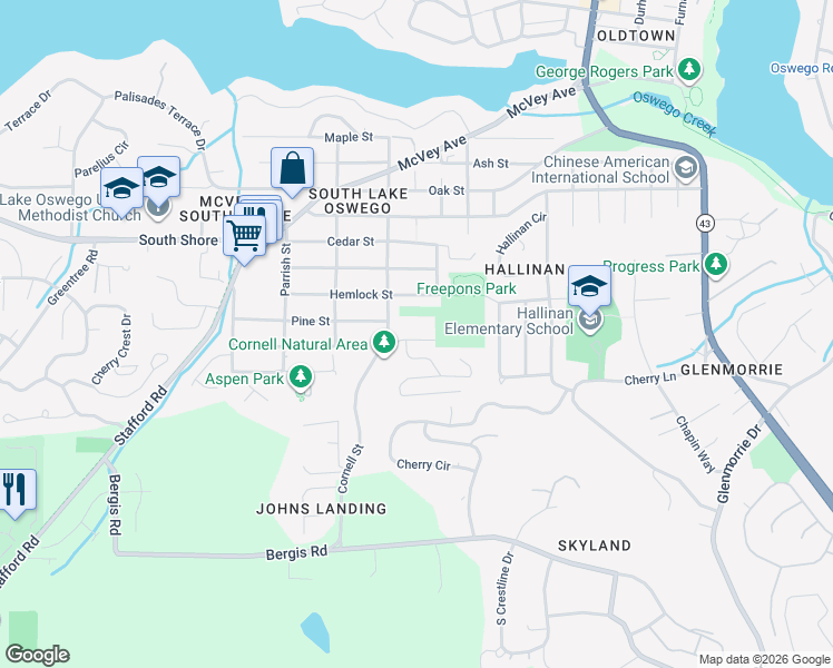 map of restaurants, bars, coffee shops, grocery stores, and more near 1110 Hemlock Street in Lake Oswego