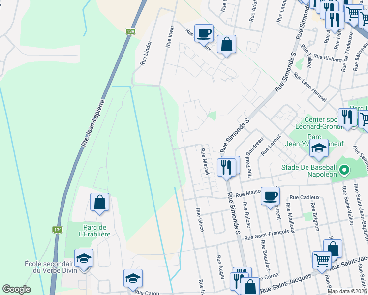 map of restaurants, bars, coffee shops, grocery stores, and more near 301 Rue Massé in Granby