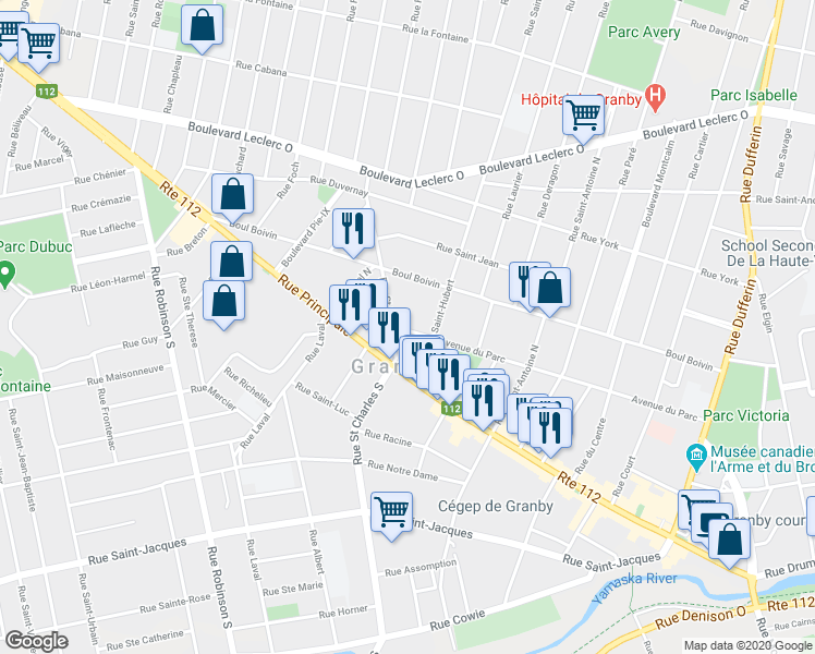 map of restaurants, bars, coffee shops, grocery stores, and more near 403 Avenue du Parc in Granby