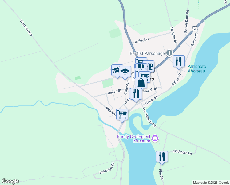 map of restaurants, bars, coffee shops, grocery stores, and more near 100 Queen Street in Parrsboro
