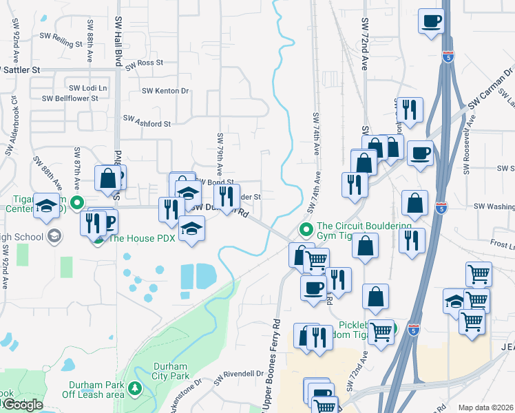 map of restaurants, bars, coffee shops, grocery stores, and more near 16002 Southwest 77th Terrace in Tigard