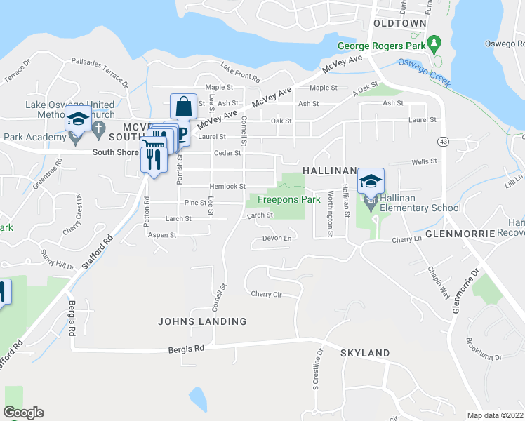 map of restaurants, bars, coffee shops, grocery stores, and more near 1161 Southwest Larch Street in Lake Oswego