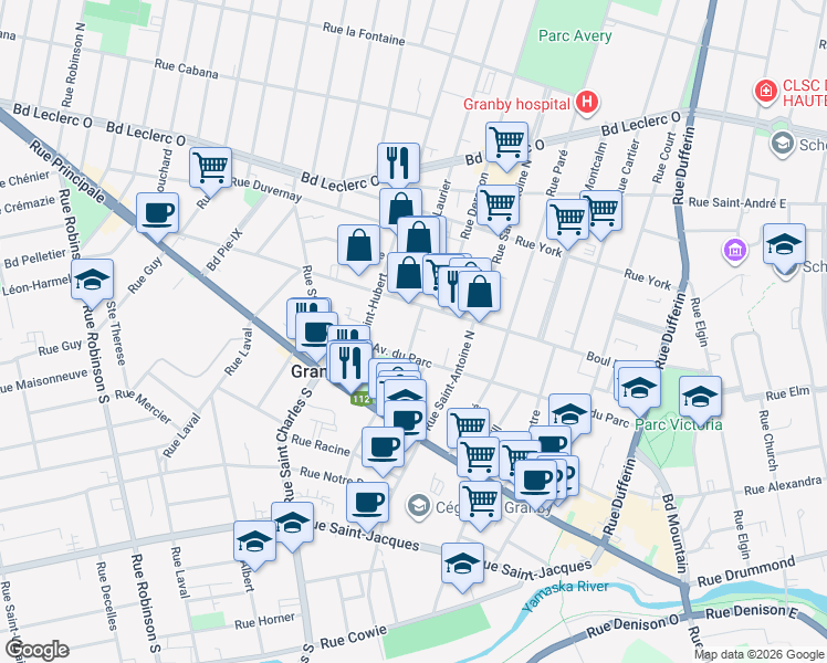 map of restaurants, bars, coffee shops, grocery stores, and more near Boulevard Lord in Granby