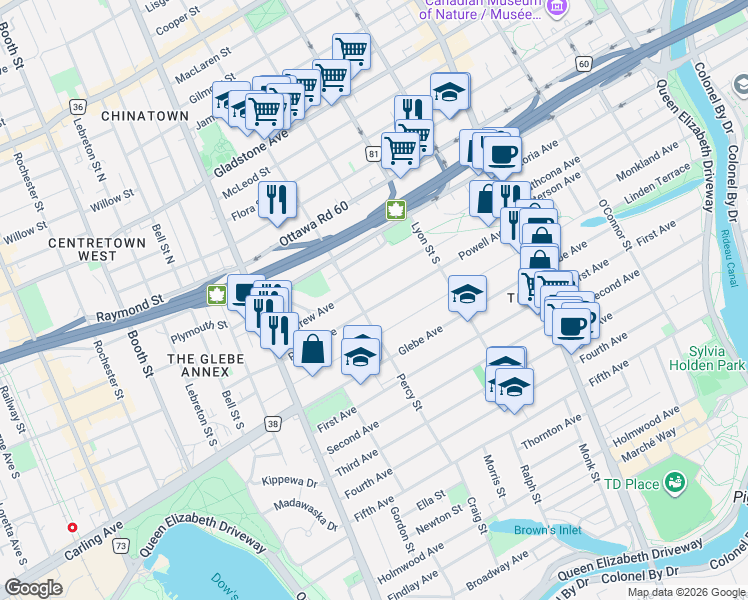map of restaurants, bars, coffee shops, grocery stores, and more near 58 Renfrew Avenue in Ottawa