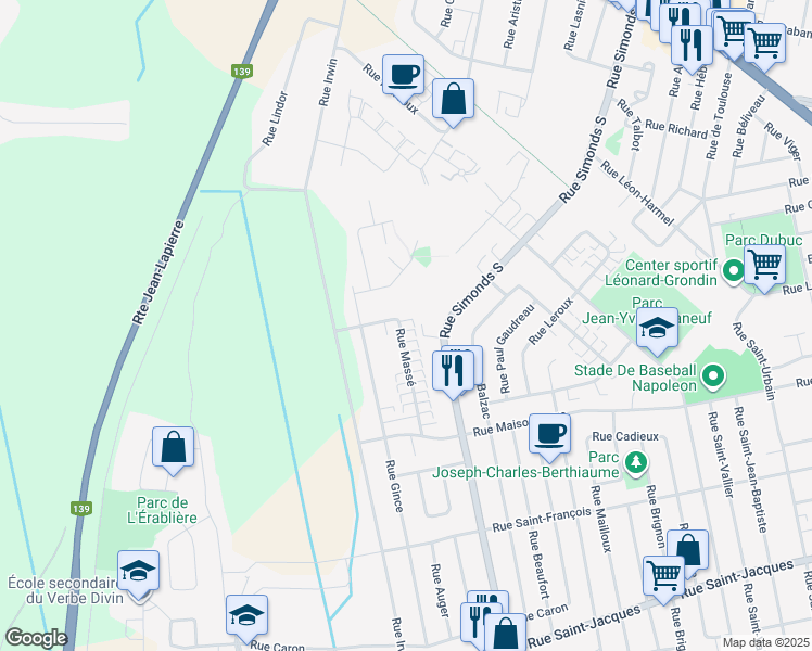 map of restaurants, bars, coffee shops, grocery stores, and more near 327 Rue Massé in Granby