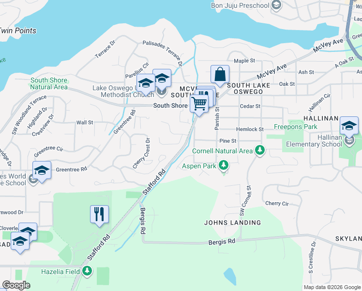 map of restaurants, bars, coffee shops, grocery stores, and more near 1760 Kilkenny Drive in Lake Oswego