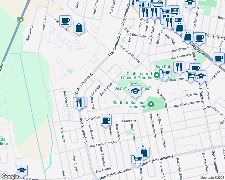 map of restaurants, bars, coffee shops, grocery stores, and more near 77 Rue Pinard in Granby