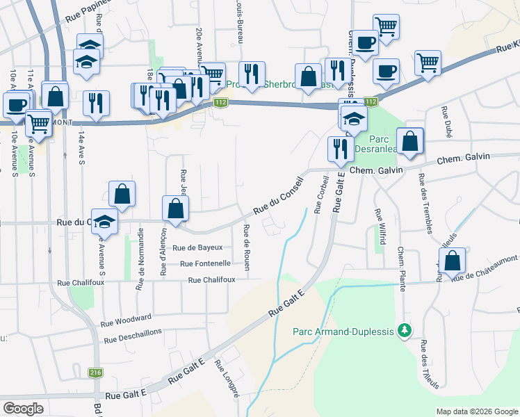 map of restaurants, bars, coffee shops, grocery stores, and more near 1405 Rue du Conseil in Sherbrooke
