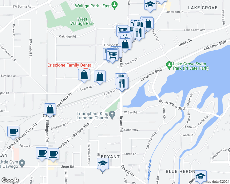 map of restaurants, bars, coffee shops, grocery stores, and more near 4520 Lower Drive in Lake Oswego