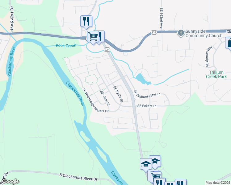 map of restaurants, bars, coffee shops, grocery stores, and more near 16325 Southeast Pyrite Street in Damascus