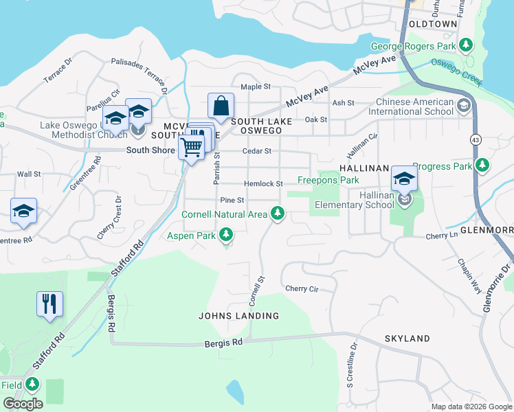 map of restaurants, bars, coffee shops, grocery stores, and more near 1238 Hemlock Street in Lake Oswego