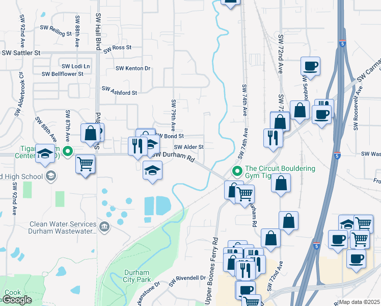 map of restaurants, bars, coffee shops, grocery stores, and more near 7773 Southwest Alder Street in Tigard