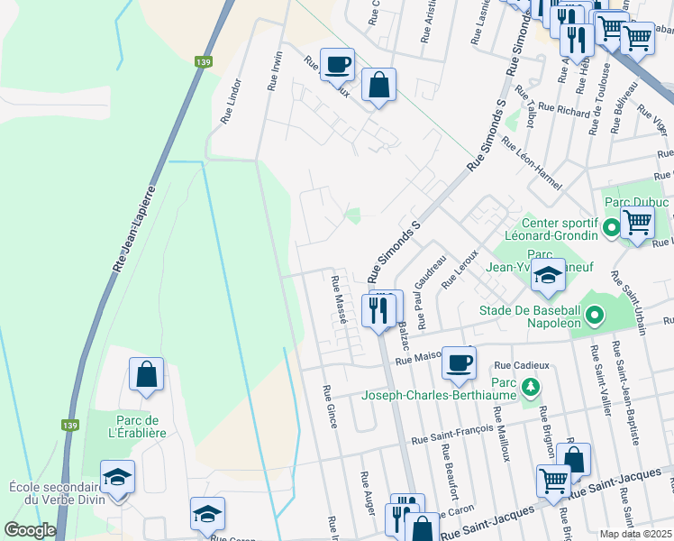 map of restaurants, bars, coffee shops, grocery stores, and more near 321 Rue Massé in Granby