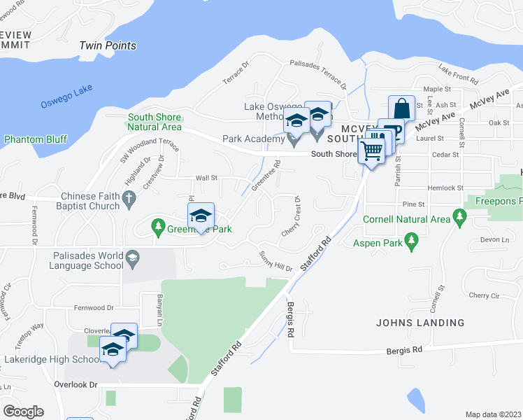 map of restaurants, bars, coffee shops, grocery stores, and more near 1525 Laburnum Way in Lake Oswego