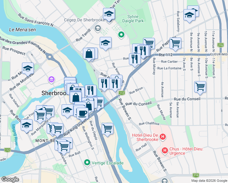 map of restaurants, bars, coffee shops, grocery stores, and more near 17 Rue Bowen Nord in Sherbrooke
