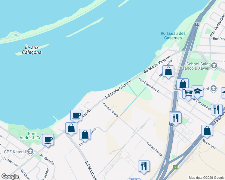 map of restaurants, bars, coffee shops, grocery stores, and more near 10 Boulevard Marie-Victorin in Candiac