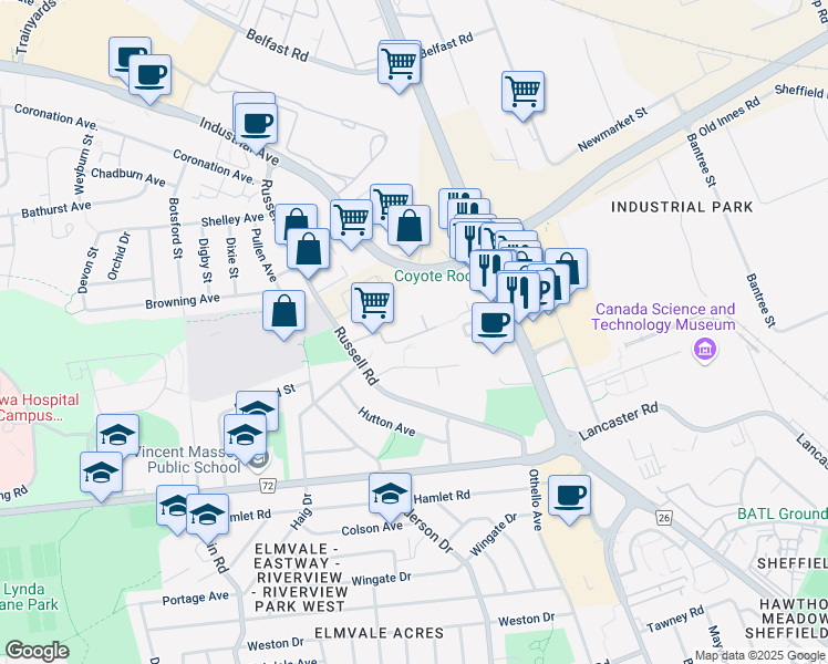 map of restaurants, bars, coffee shops, grocery stores, and more near 334 Everest Private in Ottawa