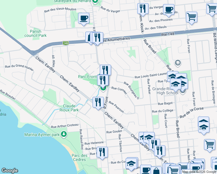 map of restaurants, bars, coffee shops, grocery stores, and more near Front Street & Cormier Street in Gatineau