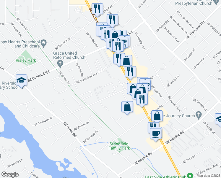 map of restaurants, bars, coffee shops, grocery stores, and more near 16373 Southeast Vineyard Lane in Milwaukie