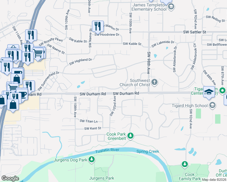 map of restaurants, bars, coffee shops, grocery stores, and more near 10255 Southwest Century Oak Drive in Tigard
