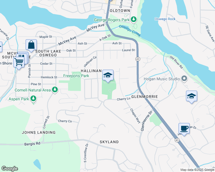 map of restaurants, bars, coffee shops, grocery stores, and more near 16800 Hawthorne Drive in Lake Oswego