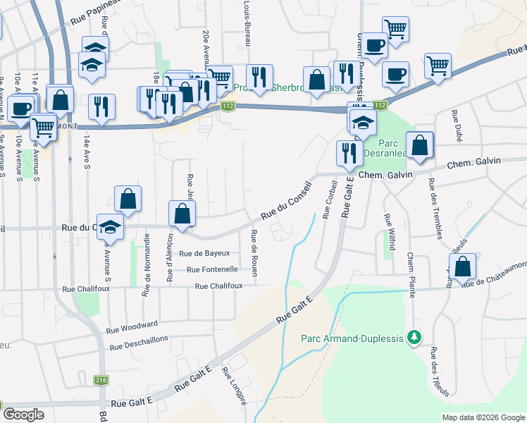 map of restaurants, bars, coffee shops, grocery stores, and more near 1405 Rue du Conseil in Sherbrooke