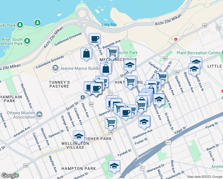 map of restaurants, bars, coffee shops, grocery stores, and more near in Ottawa