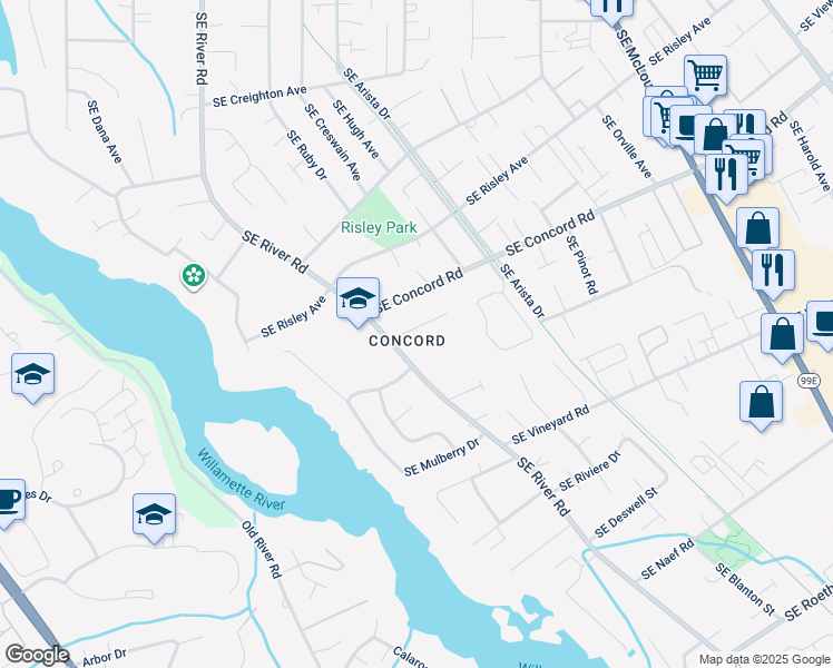 map of restaurants, bars, coffee shops, grocery stores, and more near 2633 Southeast Tarbell Avenue in Milwaukie