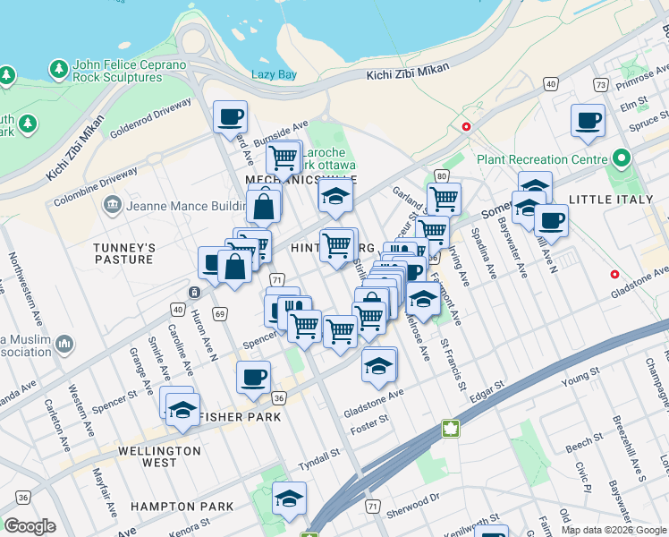 map of restaurants, bars, coffee shops, grocery stores, and more near 218 Carruthers Avenue in Ottawa