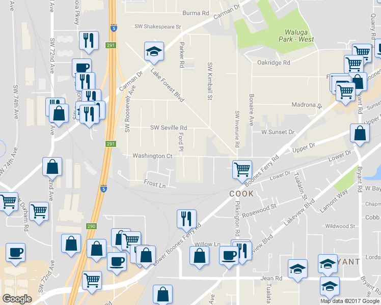 map of restaurants, bars, coffee shops, grocery stores, and more near 5955 Washington Court in Lake Oswego