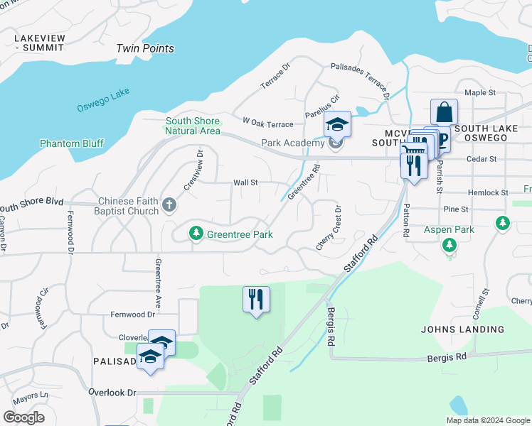 map of restaurants, bars, coffee shops, grocery stores, and more near 16818 Sylvan Court in Lake Oswego