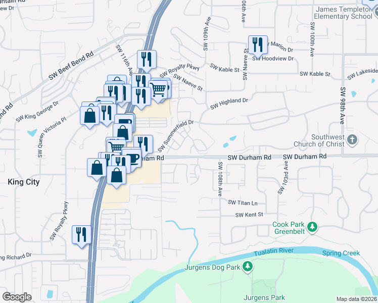 map of restaurants, bars, coffee shops, grocery stores, and more near 10930 Southwest Meadowbrook Drive in Tigard