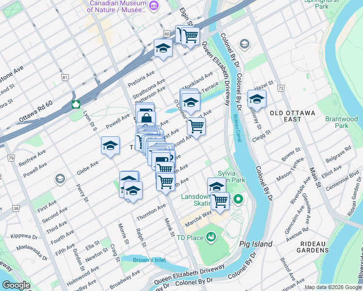 map of restaurants, bars, coffee shops, grocery stores, and more near 68 Second Avenue in Ottawa