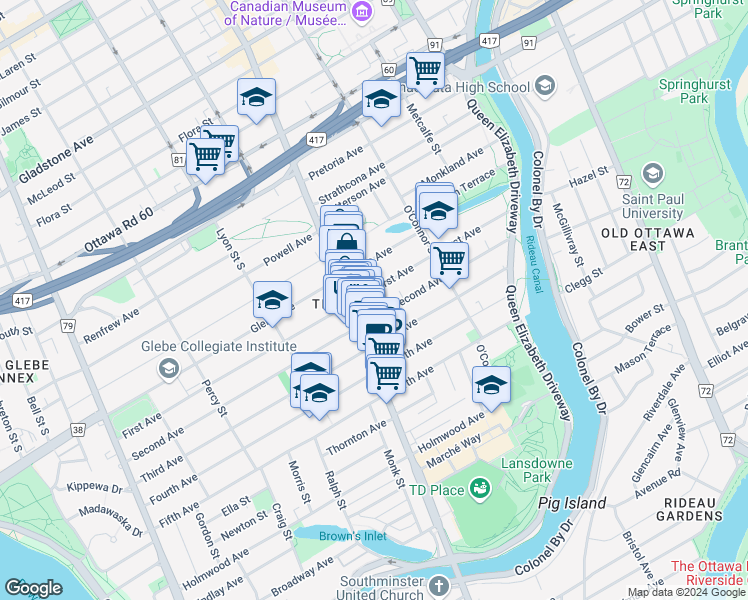 map of restaurants, bars, coffee shops, grocery stores, and more near in Ottawa