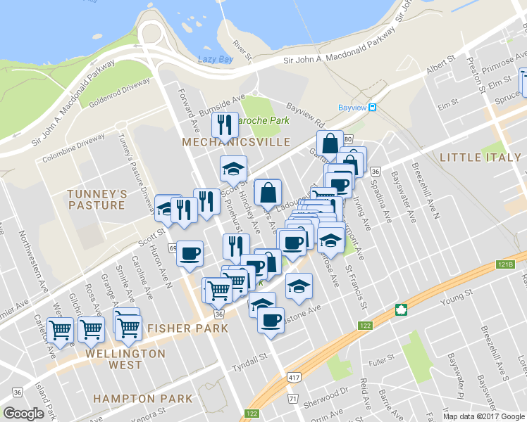 map of restaurants, bars, coffee shops, grocery stores, and more near 218 Carruthers Avenue in Ottawa
