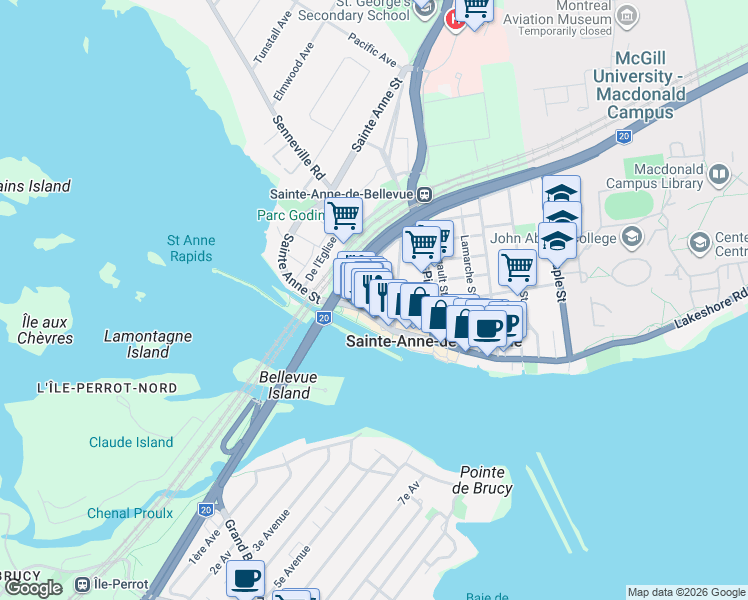 map of restaurants, bars, coffee shops, grocery stores, and more near 12 Christie Street in Sainte-Anne-de-Bellevue